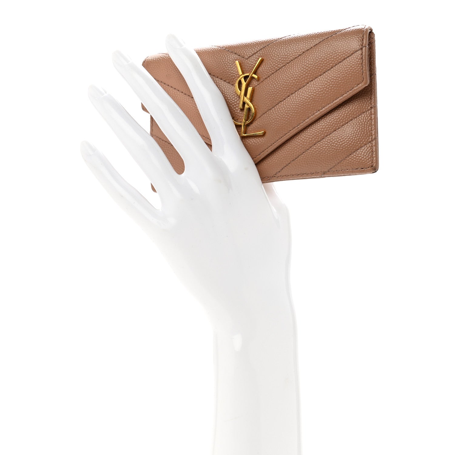 Saint Laurent Grain De Poudre Matelasse Chevron Monogram Compact Wallet Case Dark Beige 2 of 10