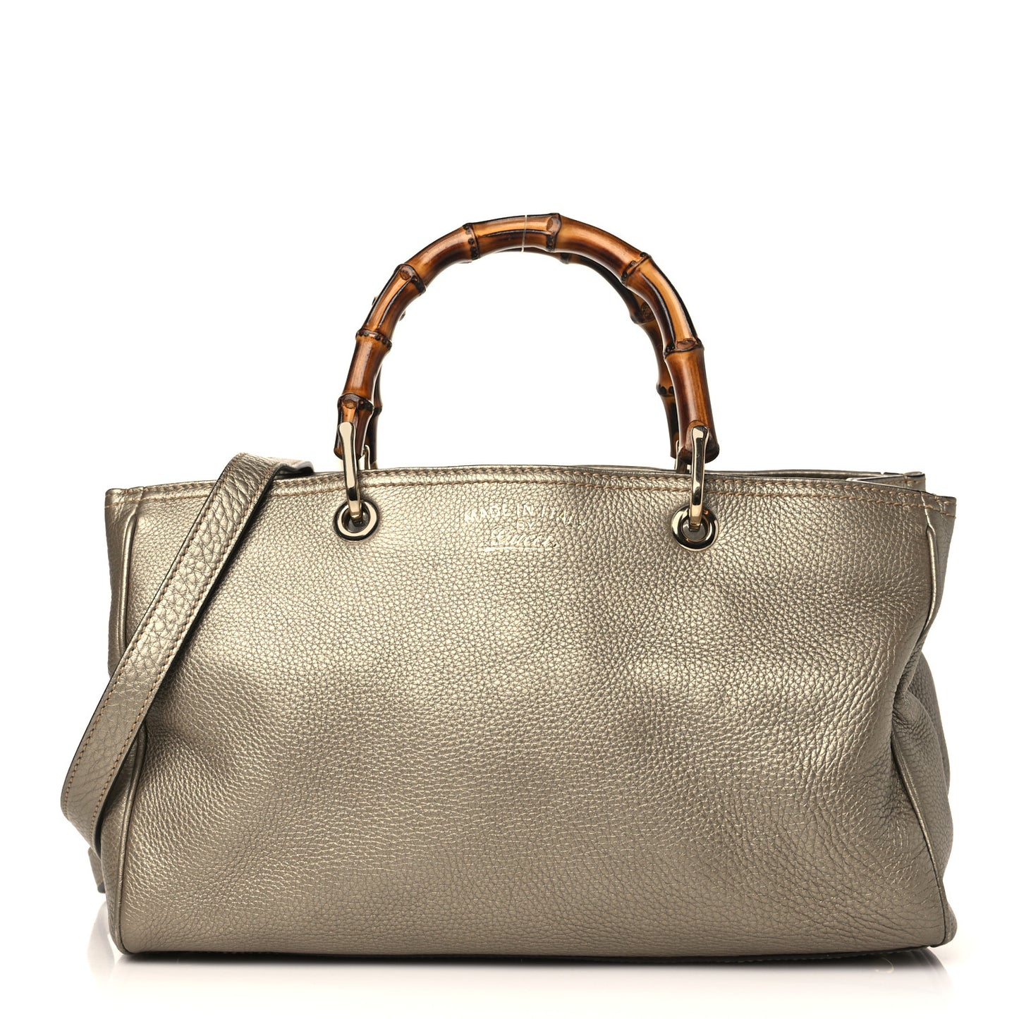 Metallic Pebbled Calfskin Medium Bamboo Shopper Tote Golden Beige