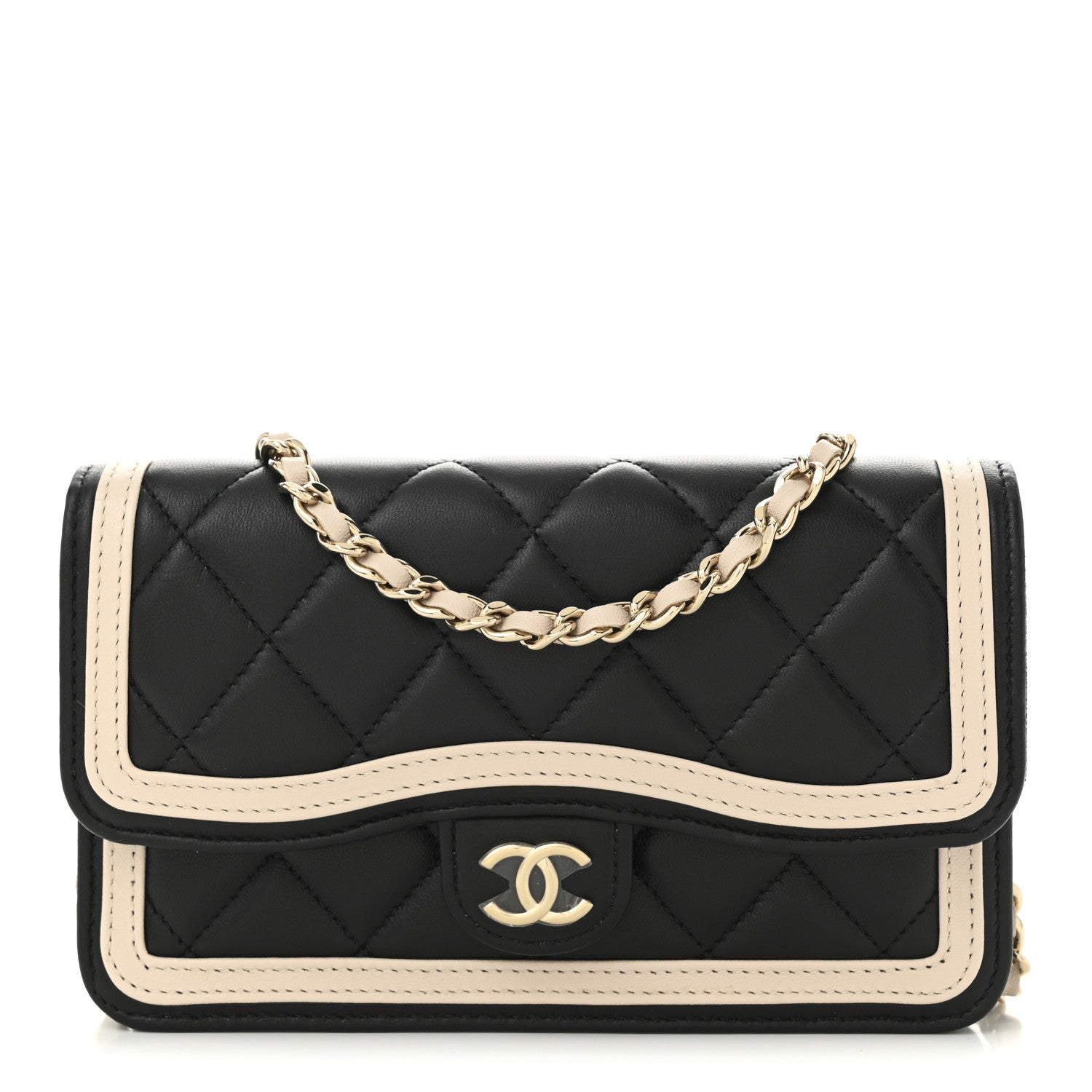 Chanel Lambskin Quilted Flap Phone Holder With Chain Black Beige 1 of 12