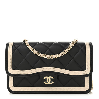 Chanel Lambskin Quilted Flap Phone Holder With Chain Black Beige 1 of 12