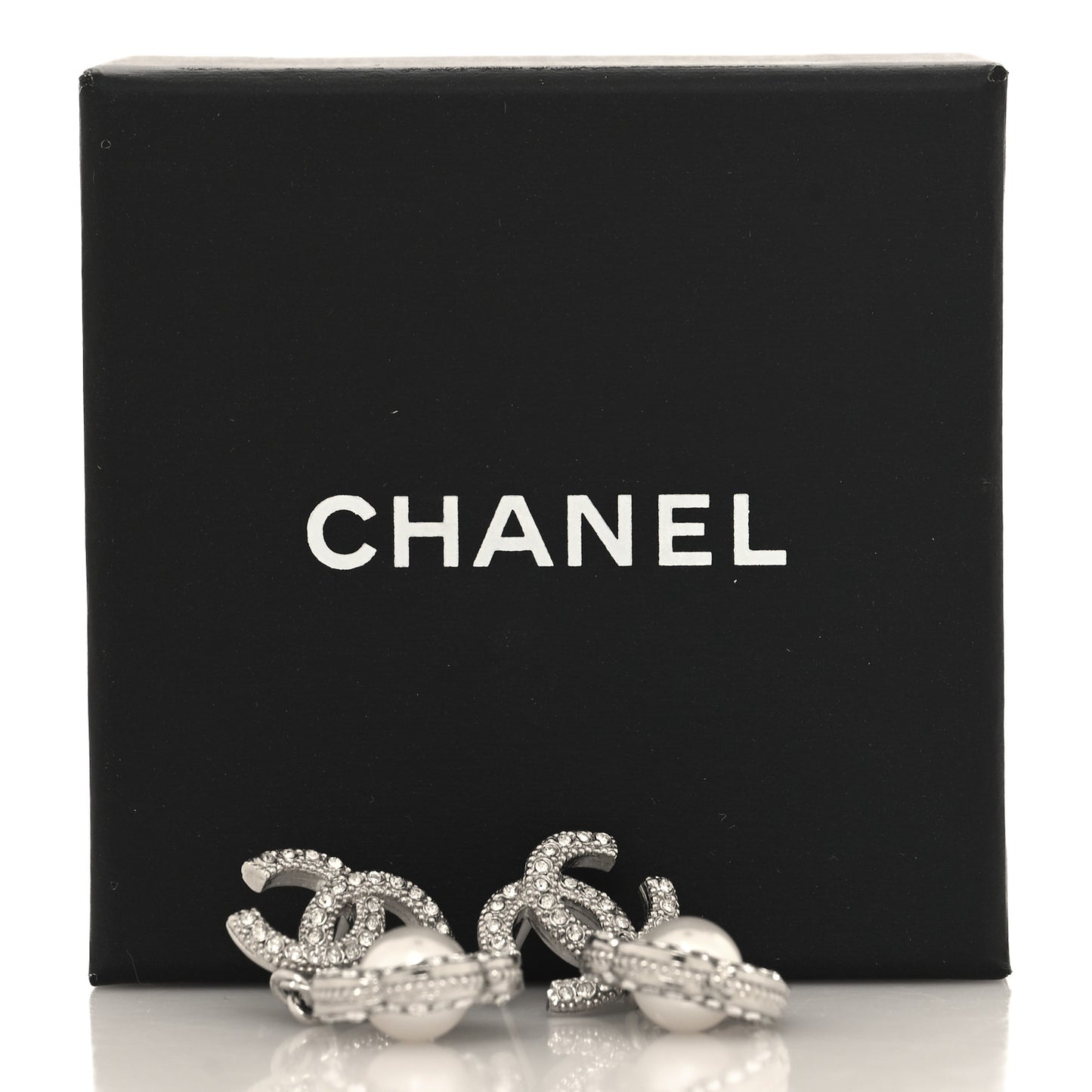 Crystal Pearl Camellia CC Coco Flapper Drop Earrings Silver