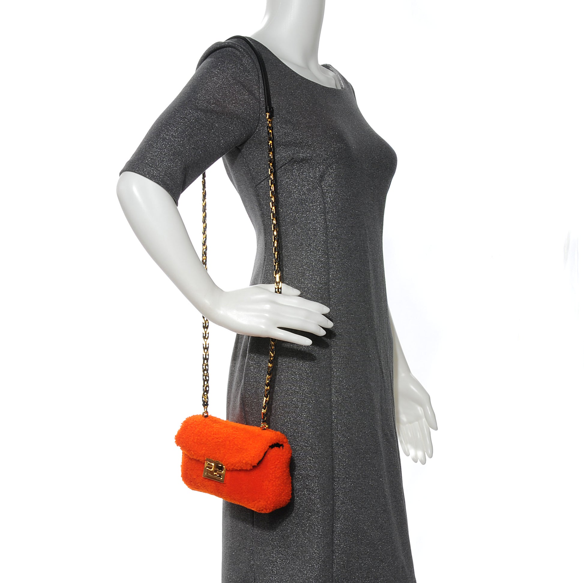 Fendi Shearling Nappa Mini Be Baguette Shoulder Bag Arancio Black 2 of 9