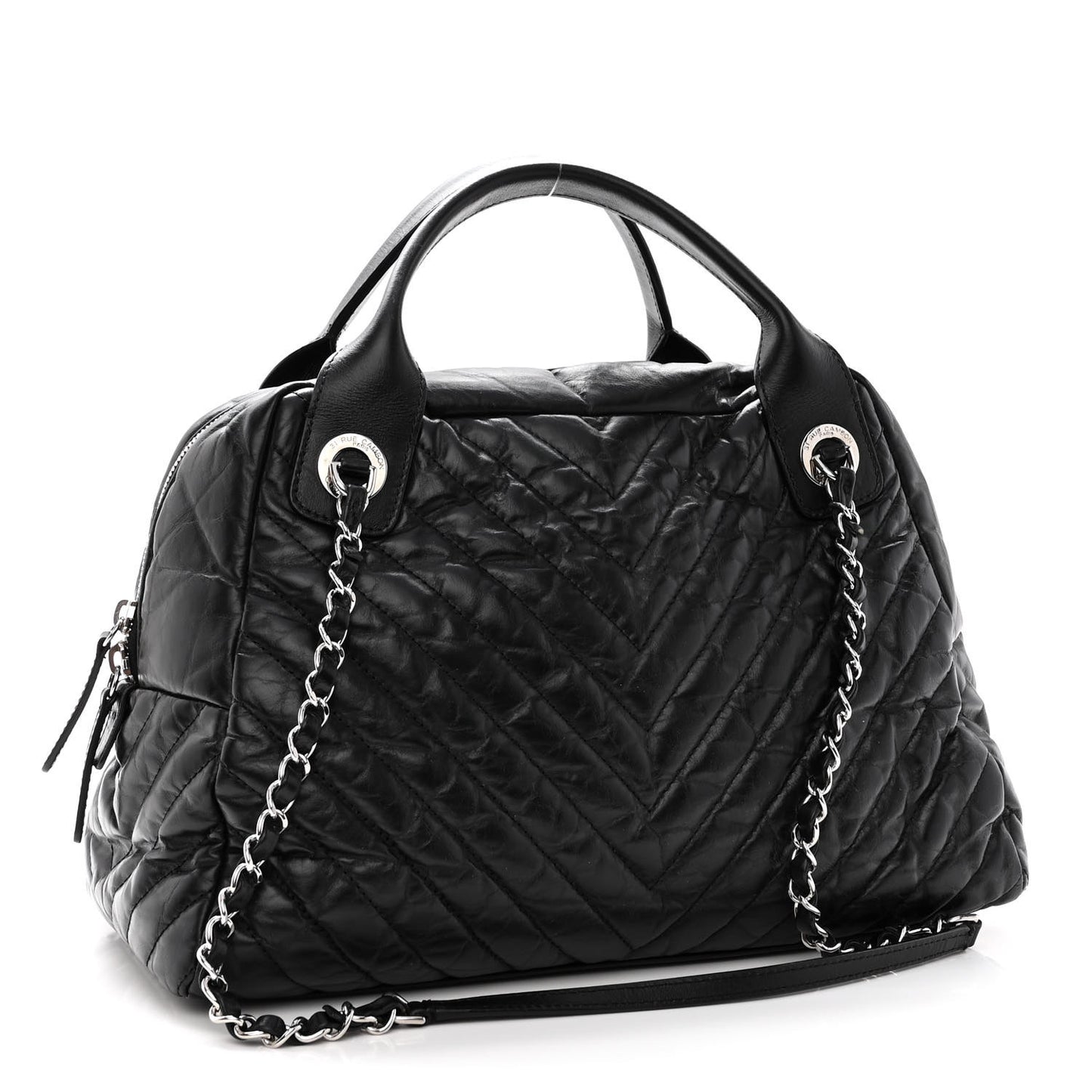 Aged Calfskin Chevron Medium Soft Bowling Bag Black