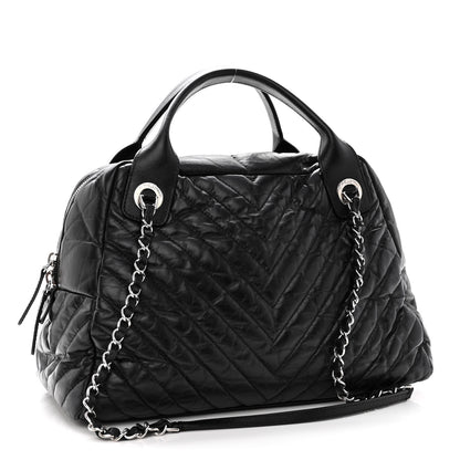 Chanel Aged Calfskin Chevron Medium Soft Bowling Bag Black 3 of 10