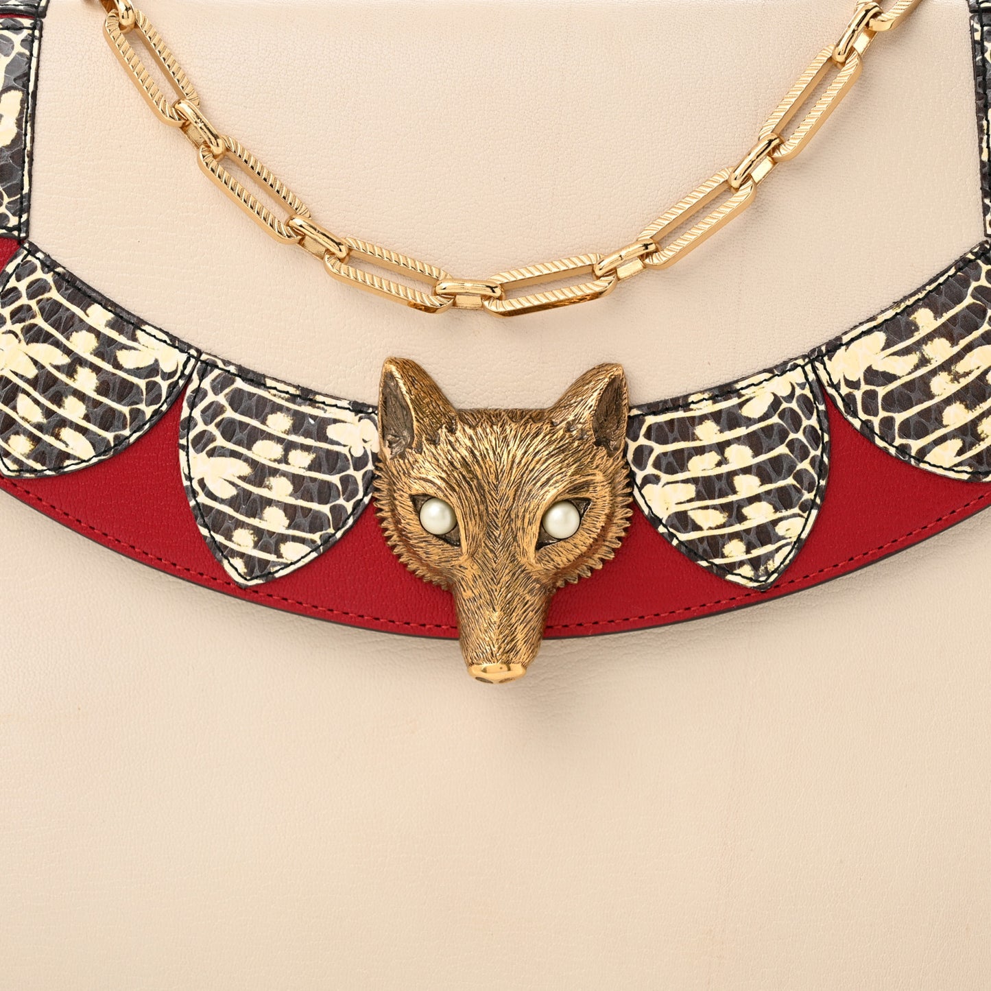 Goatskin Elaphe Pearl Medium Fox Broche Top Handle Bag Hibiscus Red Mystic White