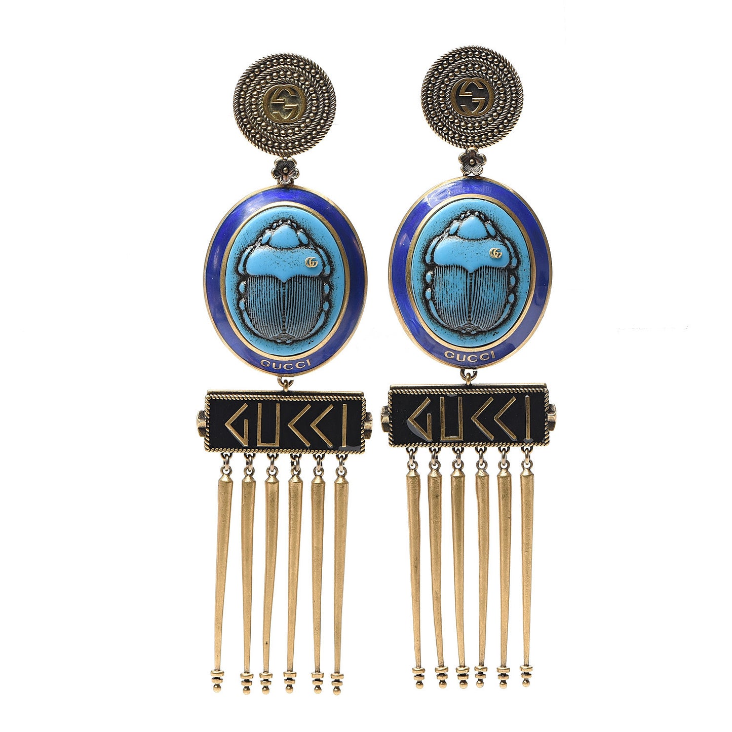 Metal GG Scarab Tassel Drop Clip Earrings