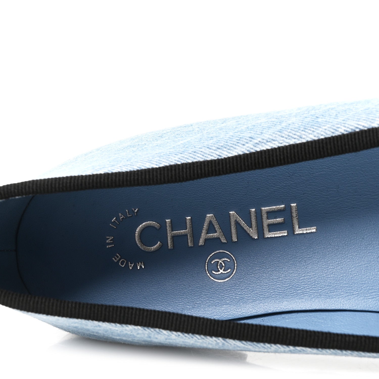 Chanel Denim Printed Quilt CC Cap Toe Ballerina Flats 37.5 Light Blue Dark Grey 8 of 10
