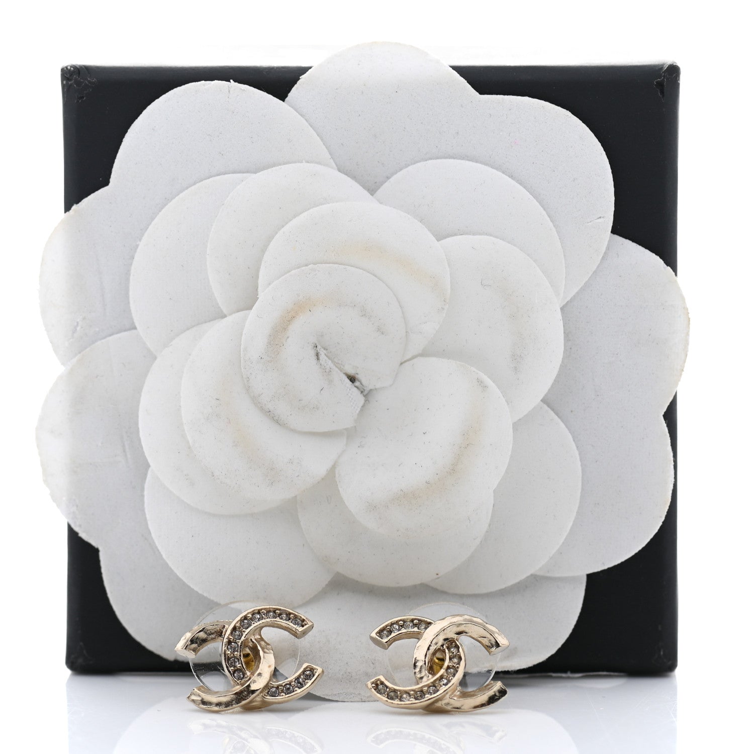 Chanel Textured Metal Crystal CC Earrings Gold 5 of 5