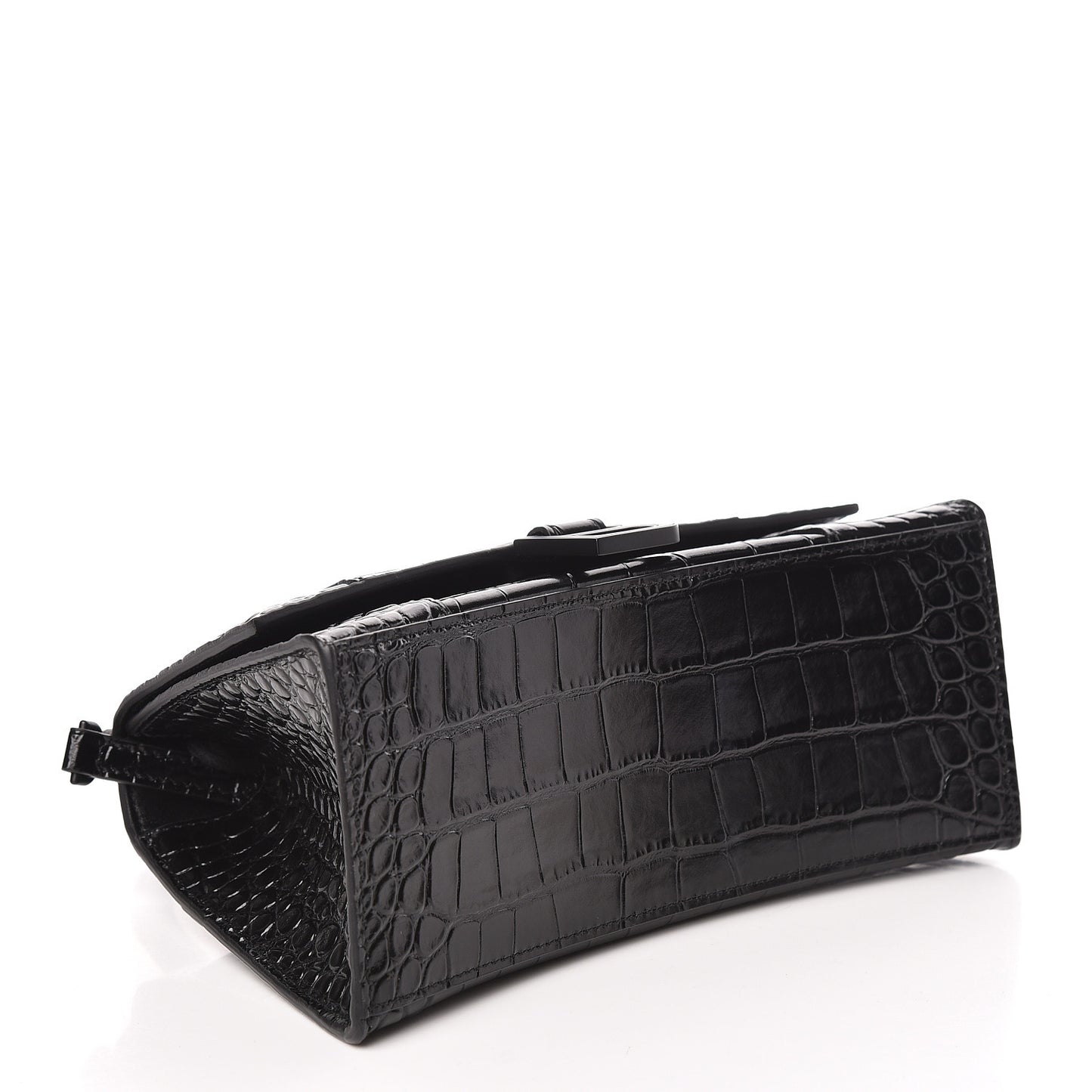 Shiny Calfskin Monochrome Crocodile Embossed Small Hourglass Top Handle Bag Black