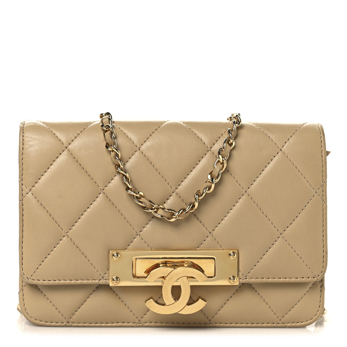 Lambskin Quilted Golden Class Wallet on Chain WOC Beige