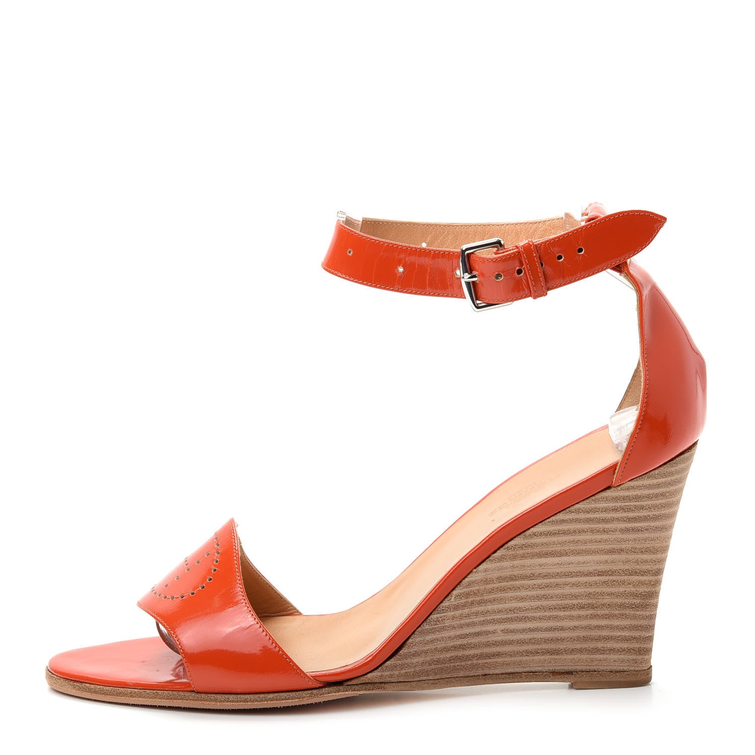 Hermes Patent Calfskin Perforated H Ankle Strap Wedge Sandals 39 Orange 1 of 11
