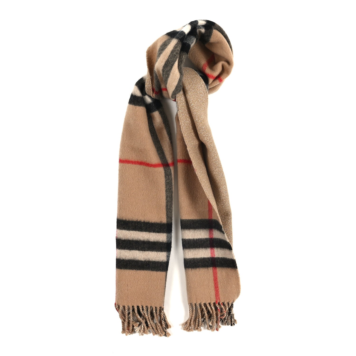 Burberry Cashmere Glitter Giant Check Fringe Scarf Camel 1 of 4
