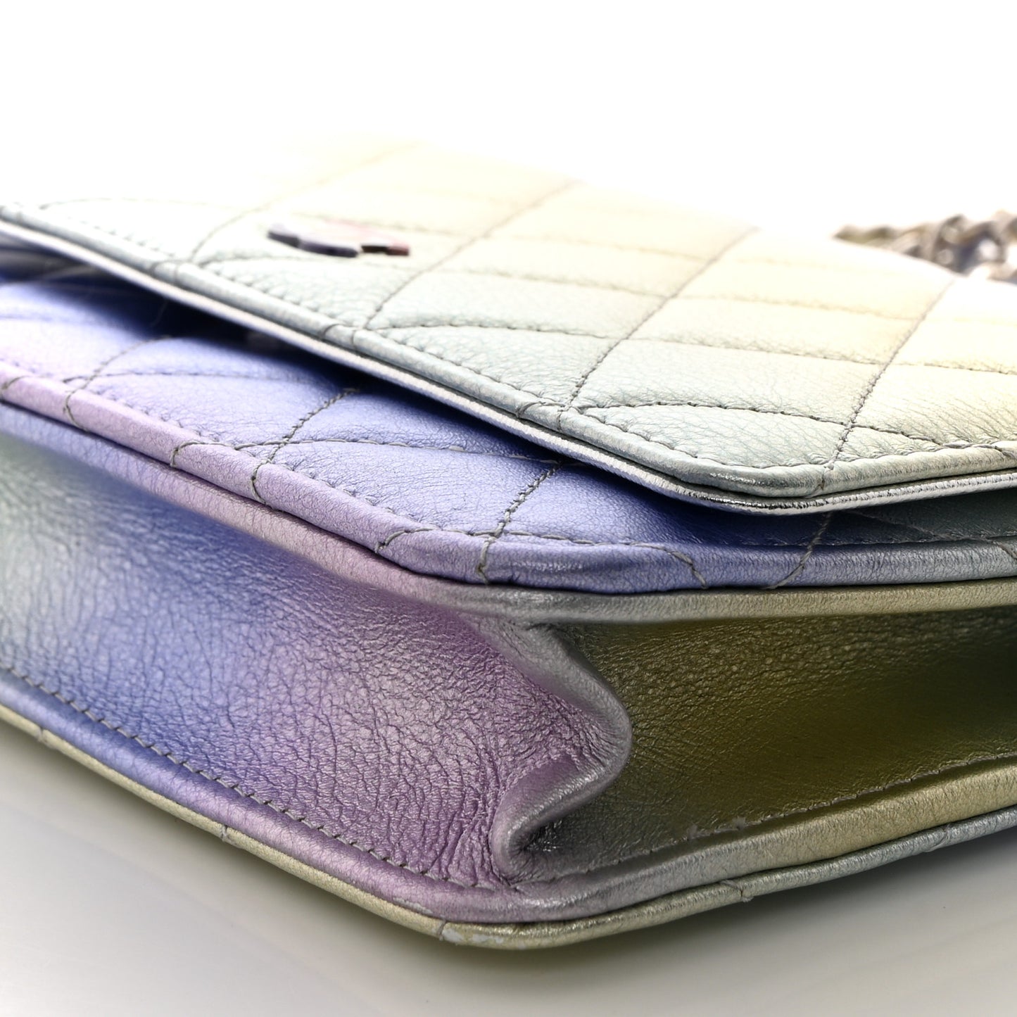 Gradient Metallic Calfskin Quilted Wallet On Chain WOC Silver Blue Yellow Purple