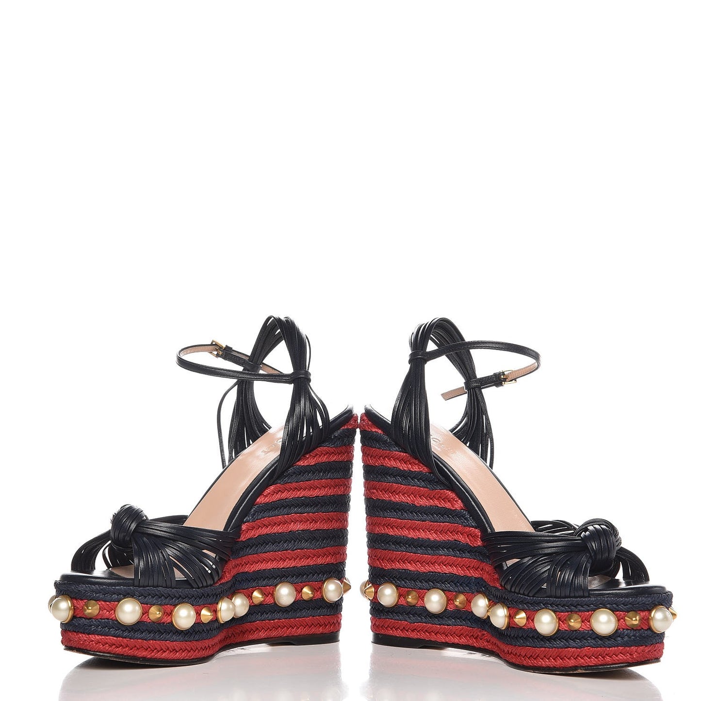 Raffia Calfskin Pearl Embellished Barbette Espadrille Platform Wedge Sandals 36.5 Midnight Blue Red