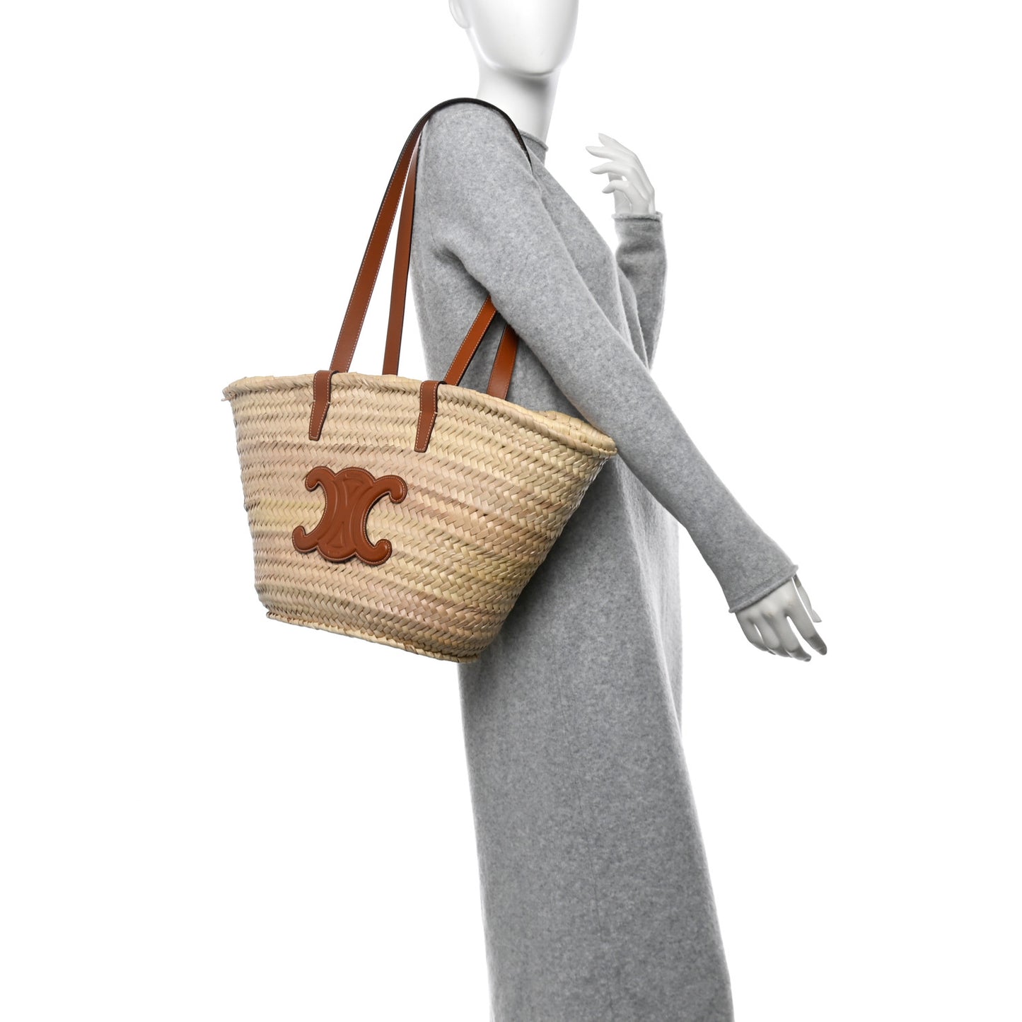 Raffia Calfskin Triomphe Medium Panier Tan