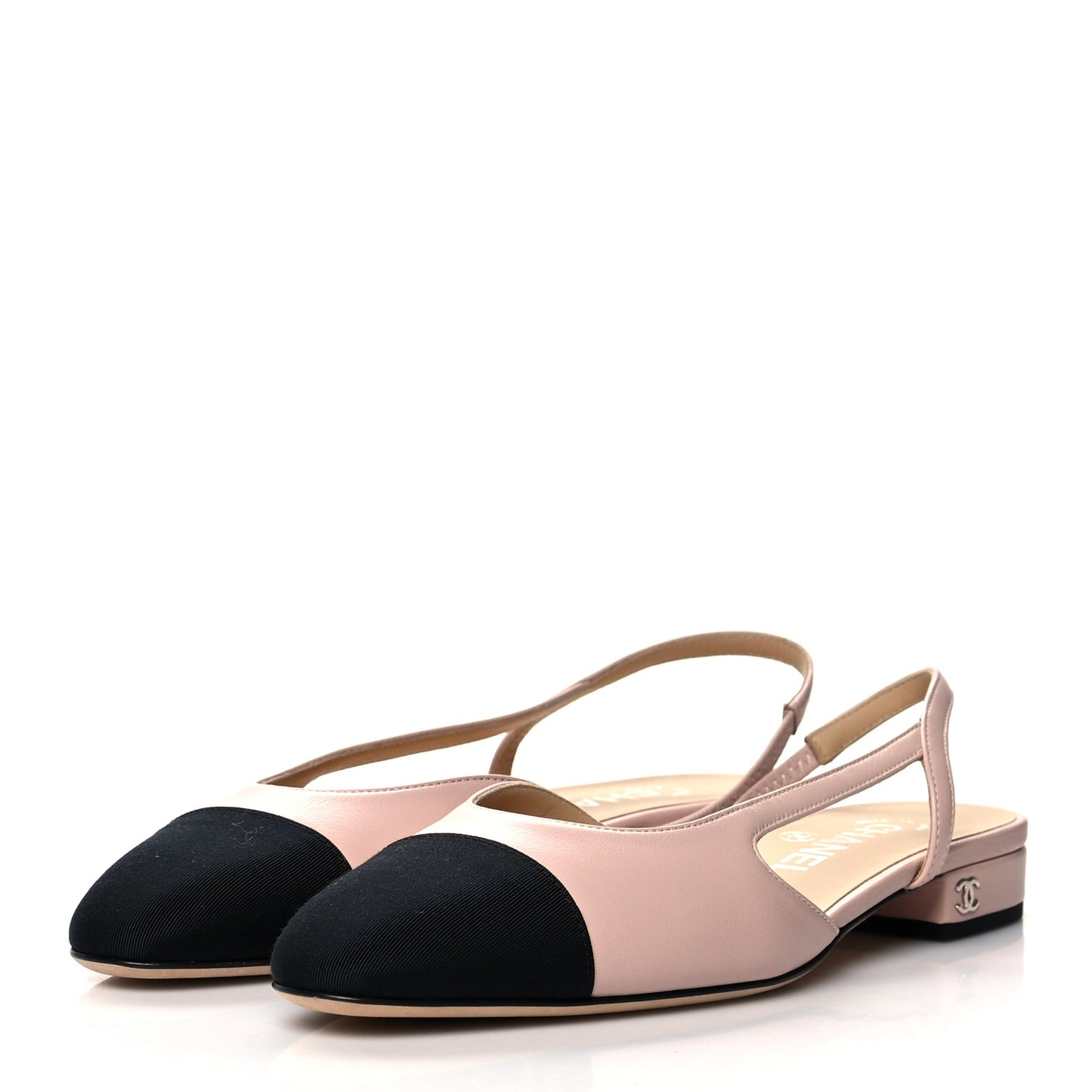 Lambskin Grosgrain Cap Toe CC Slingback Sandals 36 Light Pink Black