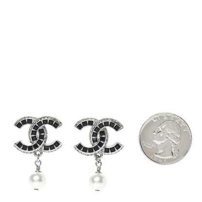 Chanel Baguette Crystal Pearl CC Drop Earrings Silver Black 2 of 4