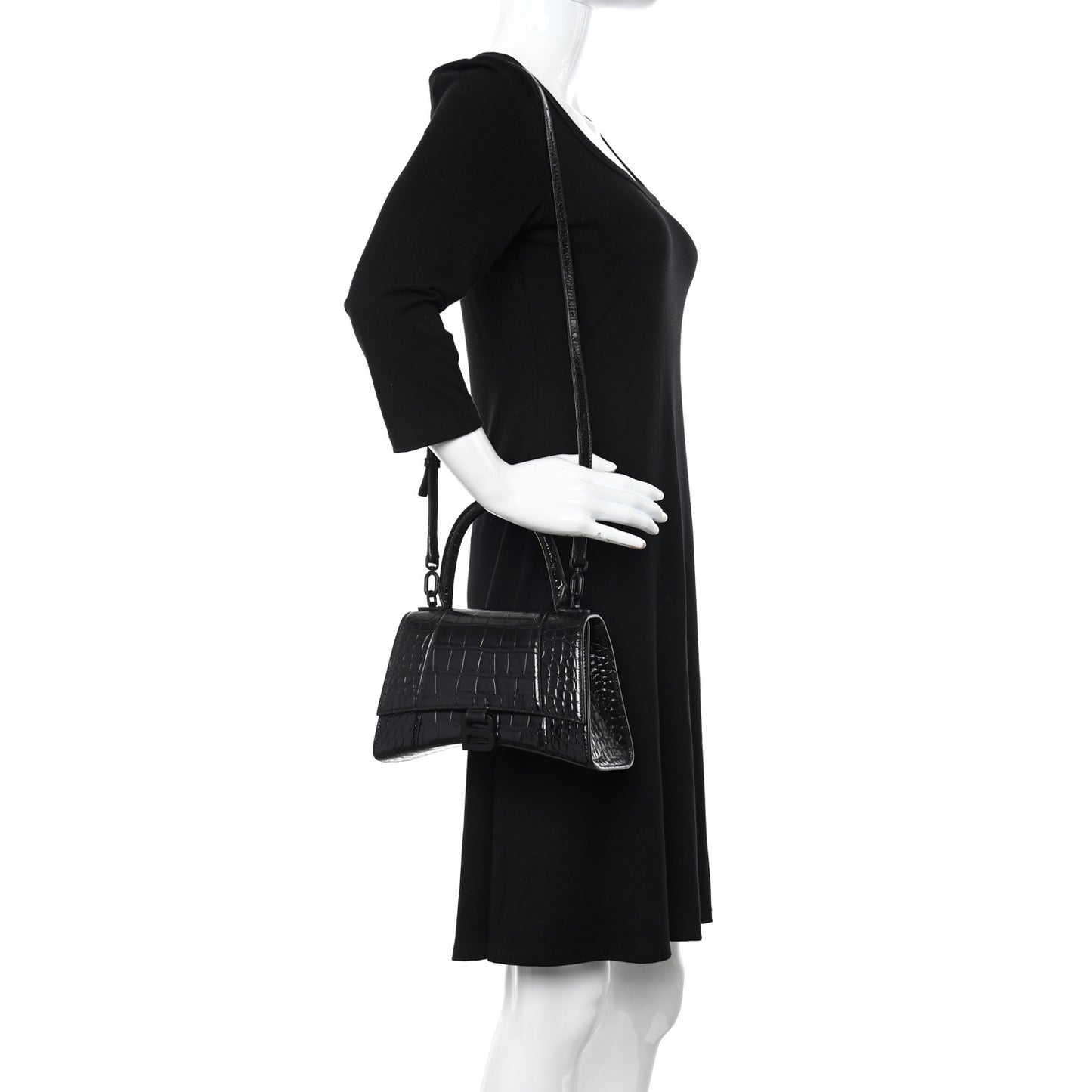 Shiny Calfskin Monochrome Crocodile Embossed Small Hourglass Top Handle Bag Black