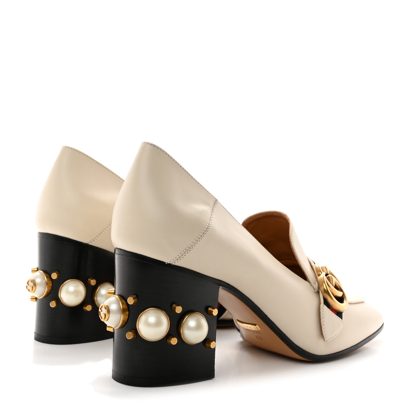 Betis Glamour Calfskin Web Pearl Embellished Peyton 75mm Loafer Pumps 40 Mystic White