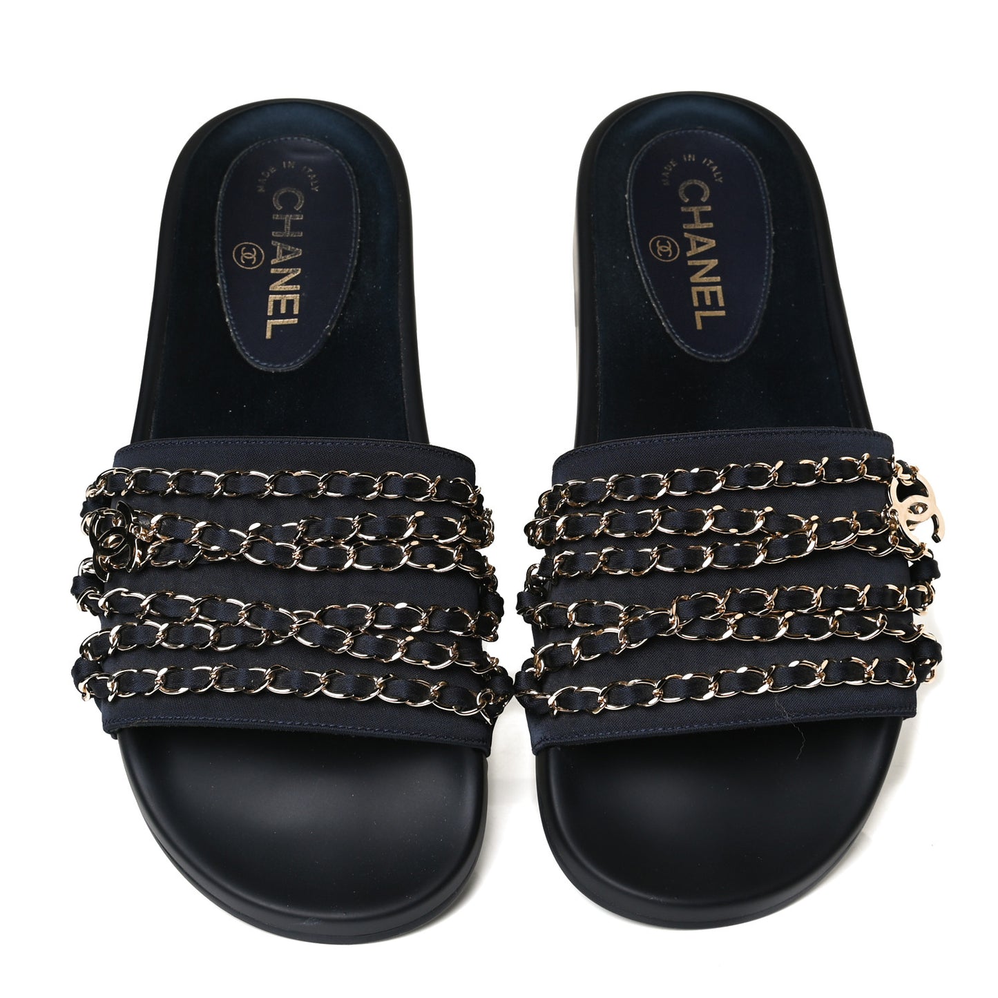 Satin Canvas Chain Slides Sandals Flats 40 Marine