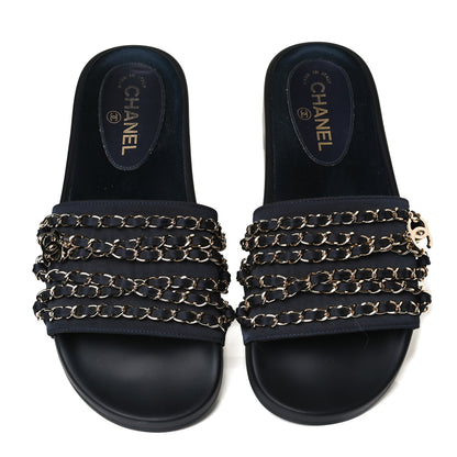 Chanel Satin Canvas Chain Slides Sandals Flats 40 Marine 5 of 13