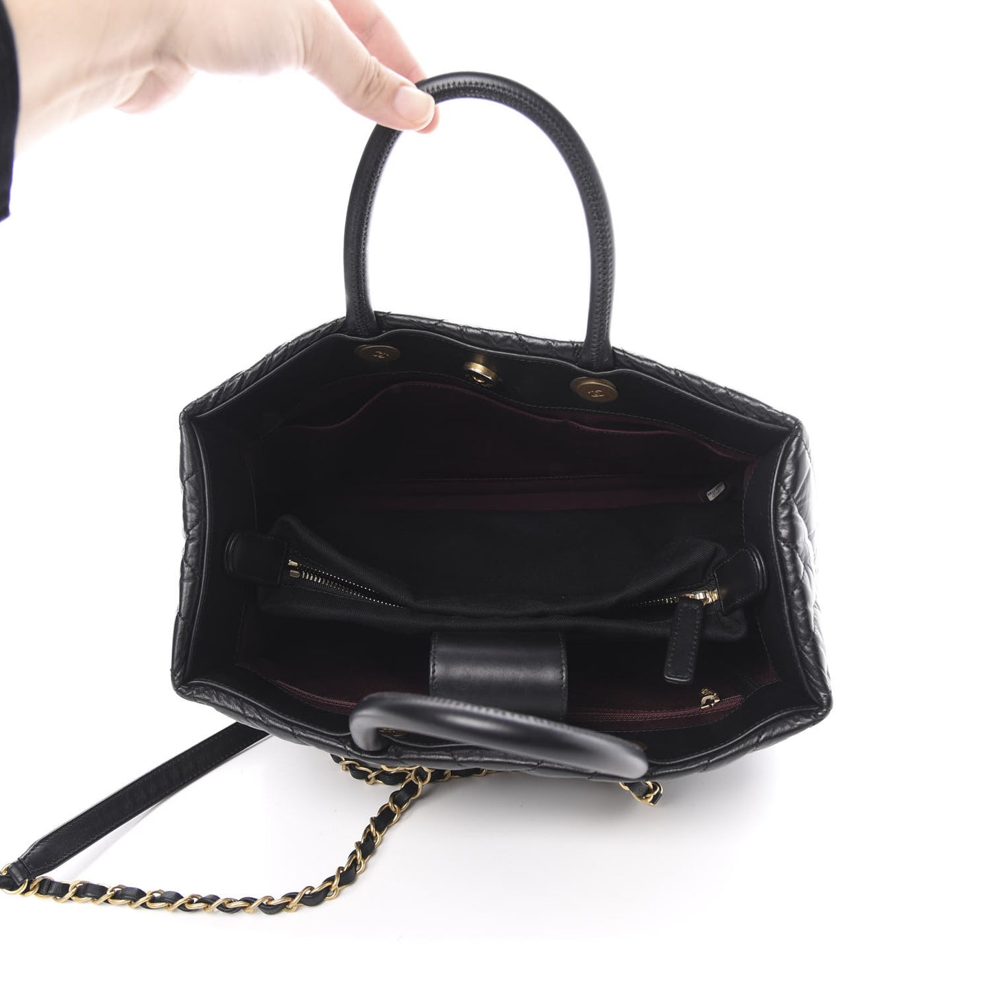 Aged Calfskin Chevron Coco Handle Shopping Tote Black