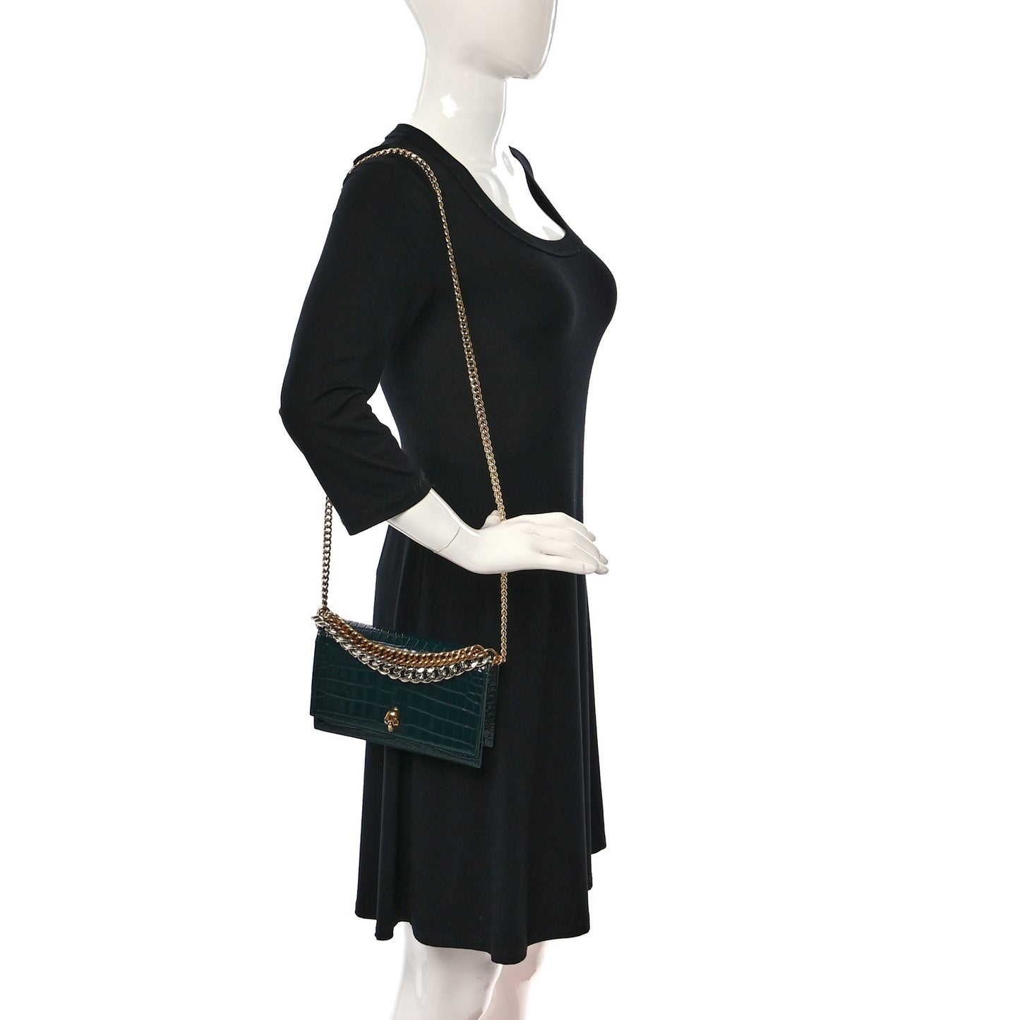 Glazed Calfskin Crocodile Embossed Small Skull Shoulder Bag Green