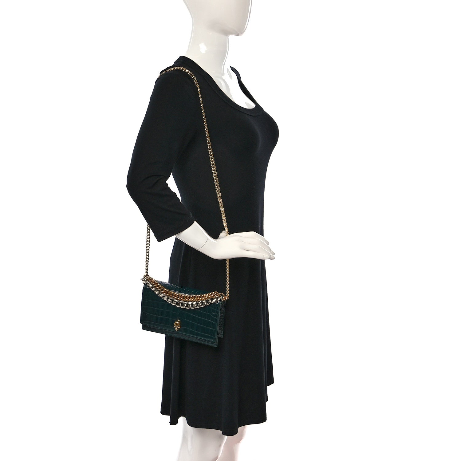 Alexander McQueen Glazed Calfskin Crocodile Embossed Small Skull Shoulder Bag Green 2 of 10