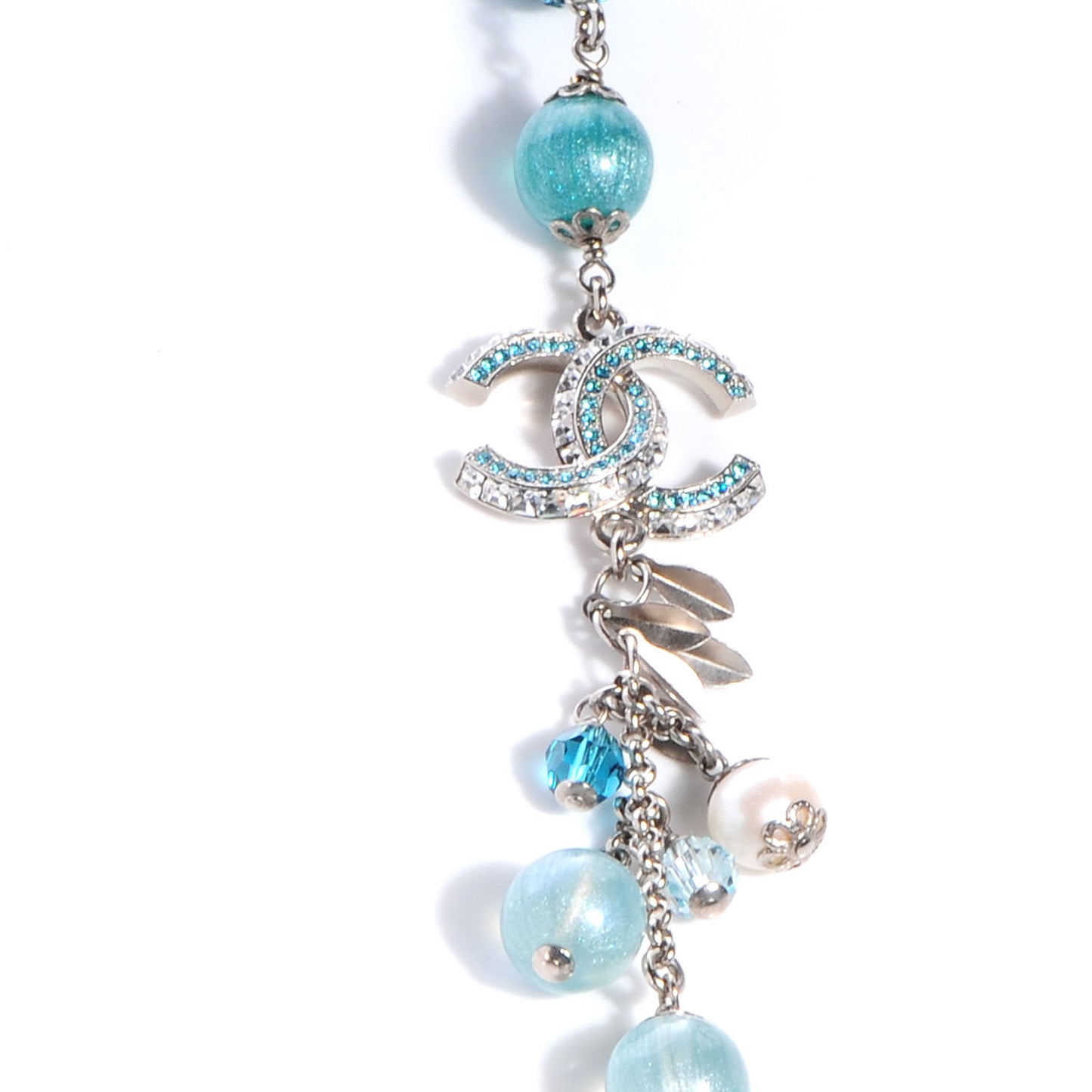 Pearl Crystal CC Beaded Long Necklace Silver Blue