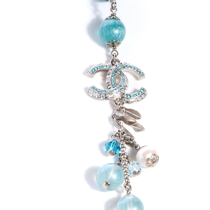 Chanel Pearl Crystal CC Beaded Long Necklace Silver Blue 5 of 10