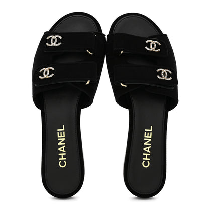 Chanel Suede Kidskin Velcro Crystal CC Mules 38.5 Black 2 of 10