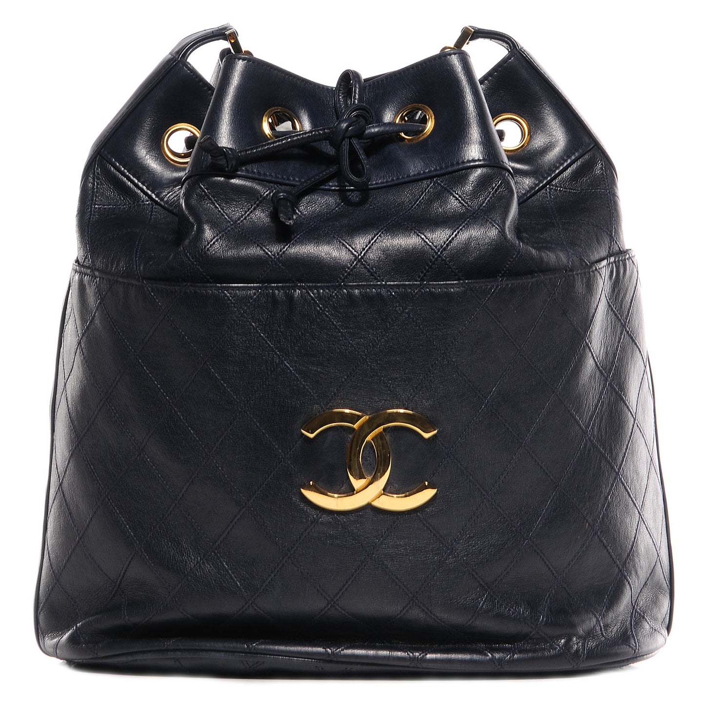 Lambskin Diamond Stitched CC Drawstring Bag Navy Blue