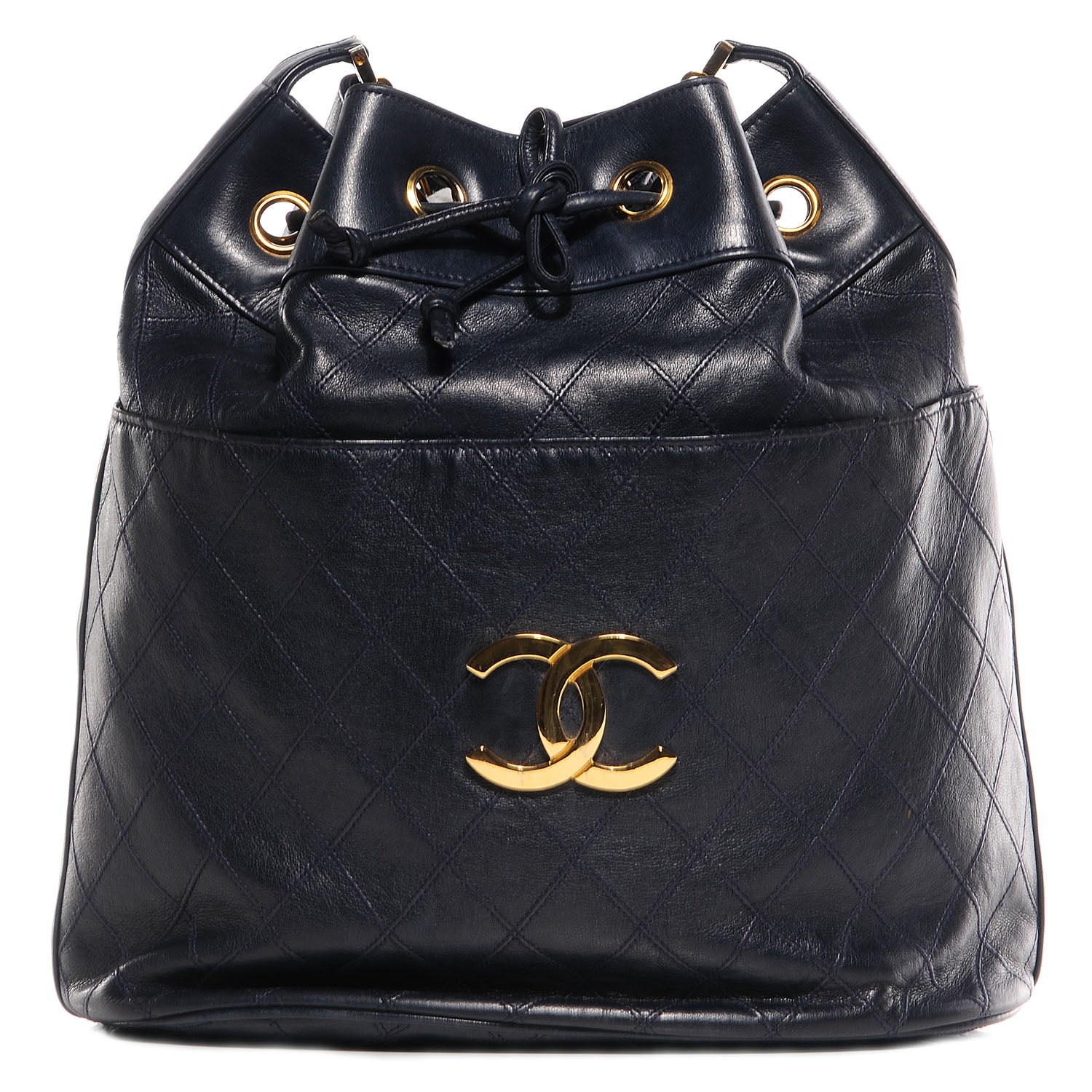 Chanel Lambskin Diamond Stitched CC Drawstring Bag Navy Blue 1 of 6