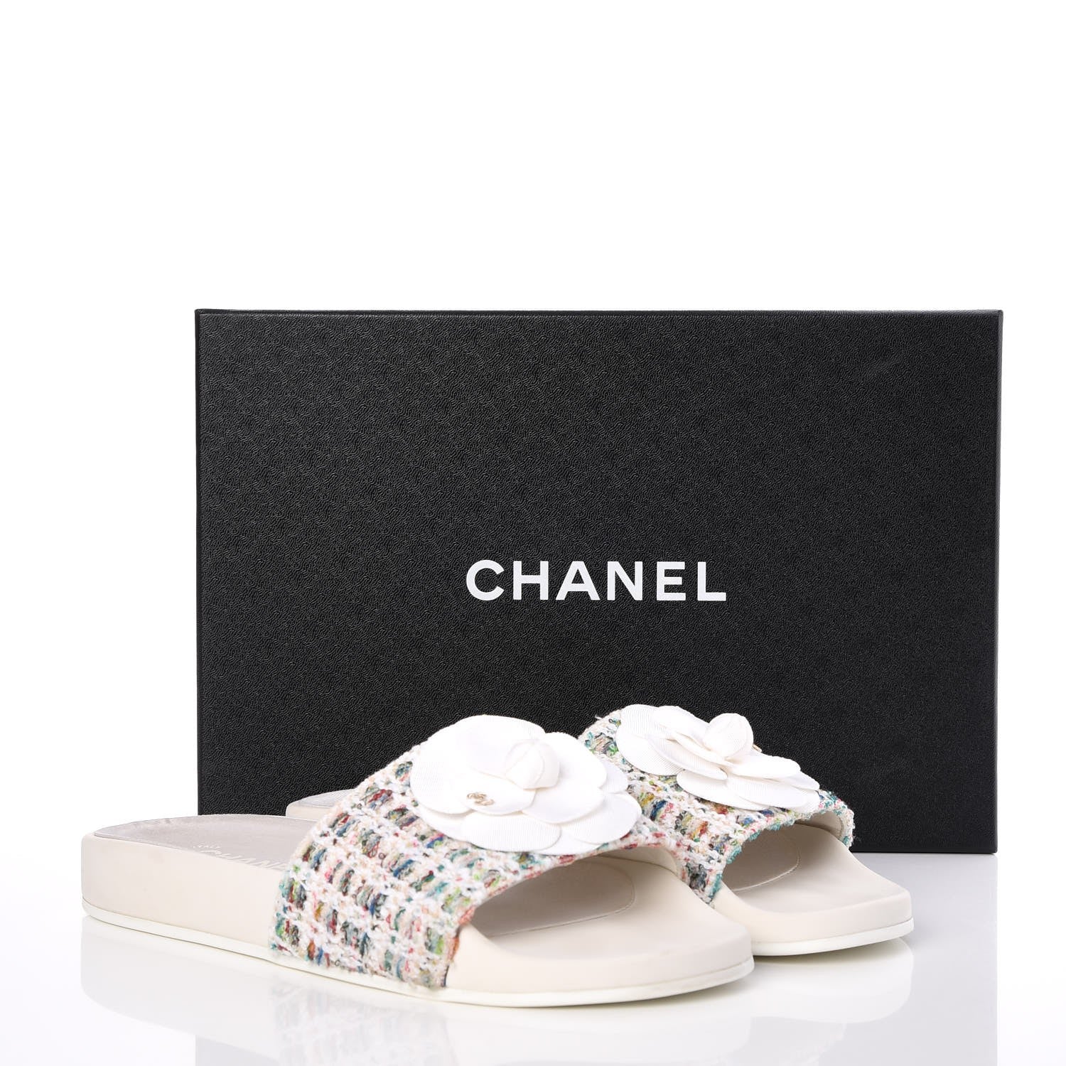 Chanel Tweed Grosgrain Camellia Flat Sandals 39 Ivory Ecru Green 9 of 9