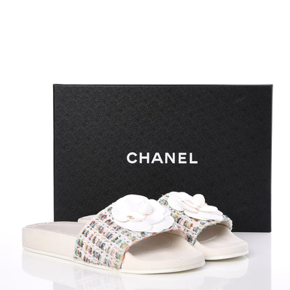 Chanel Tweed Grosgrain Camellia Flat Sandals 39 Ivory Ecru Green 9 of 9