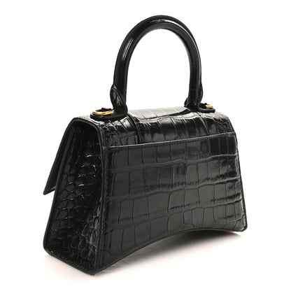 Balenciaga Shiny Calfskin Crocodile Embossed Hourglass Top Handle Bag XS Black 2 of 8