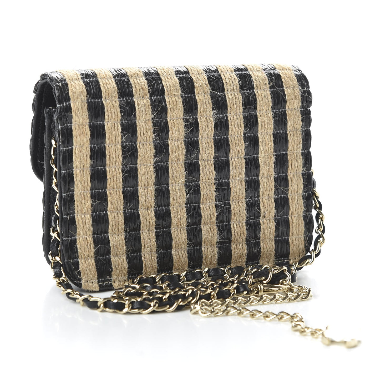 Raffia Jute Striped Belt Bag Black Beige