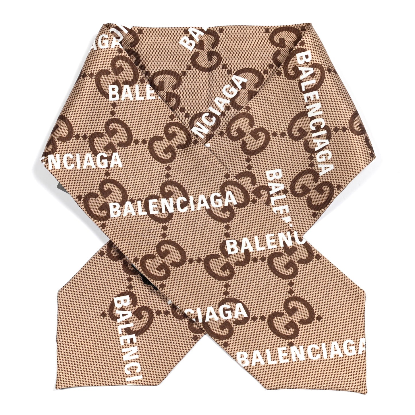 X BALENCIAGA Silk Twill Maxi GG Monogram GG B Neck Bow Scarf Beige White