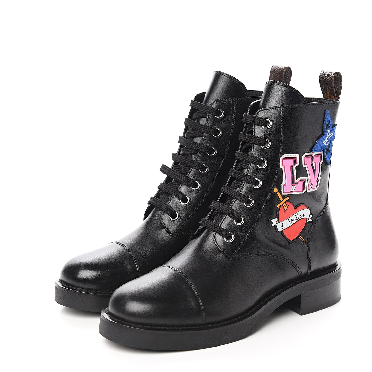 Calfskin LV Black Heart Flat Ranger Boots 37.5 Black