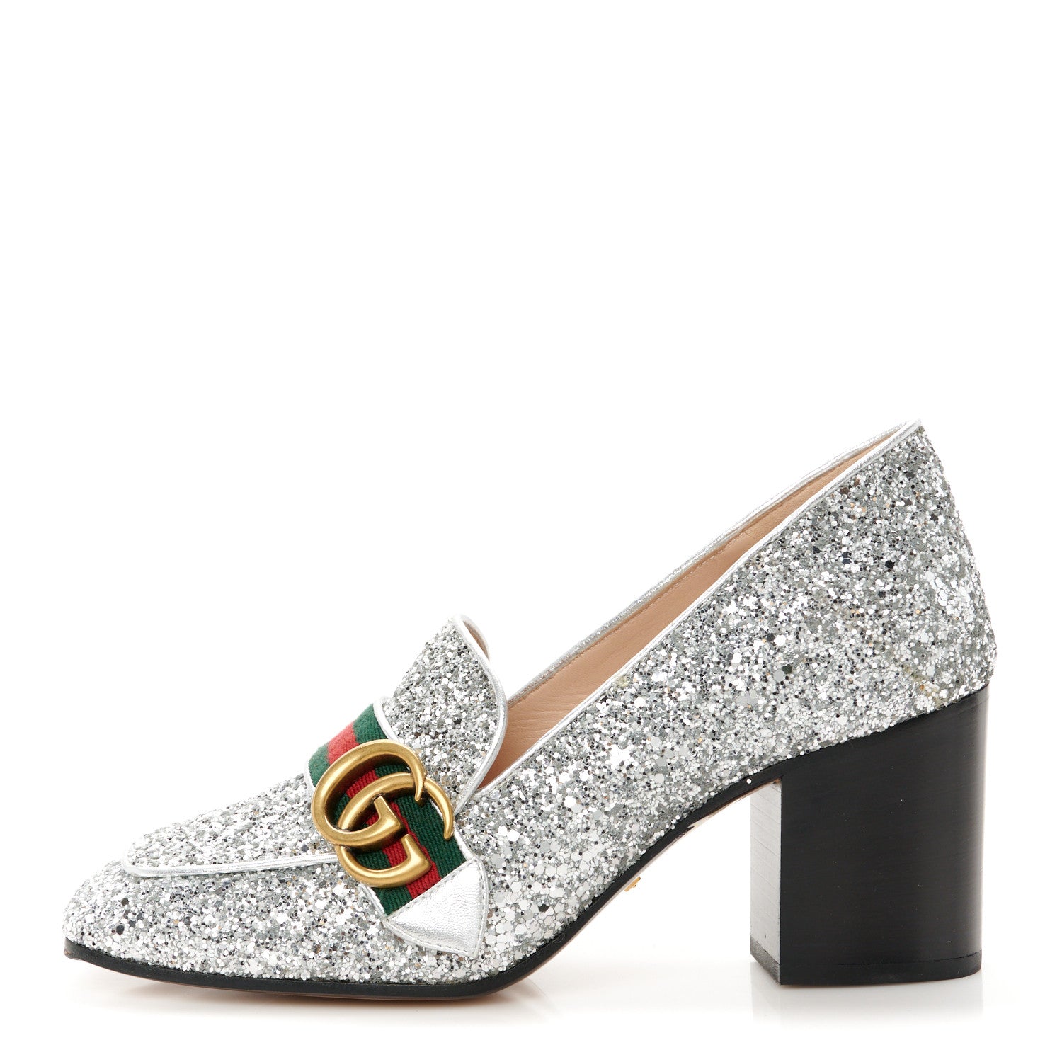 Gucci Glitter Nappa Web Peyton 75mm Loafer Pumps 37.5 Argento 1 of 10