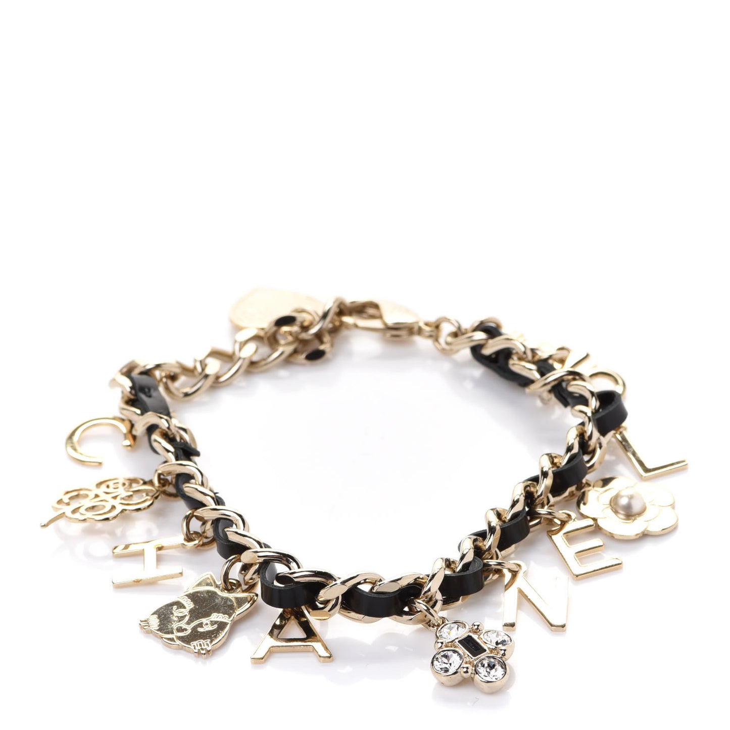Metal Lambskin Crystal Chain CC Charms Bracelet Gold Black