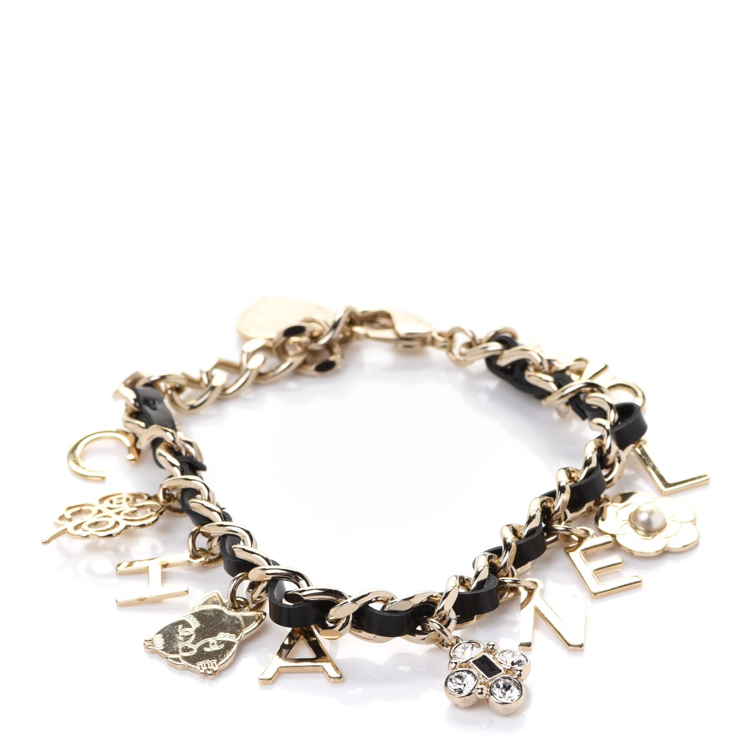 Chanel Metal Lambskin Crystal Chain CC Charms Bracelet Gold Black 1 of 7