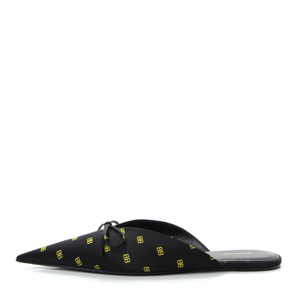 Balenciaga Crepe Satin BB Printed Pointy Toe Knife Flat Mules 37 Black Yellow Fluo 1 of 10