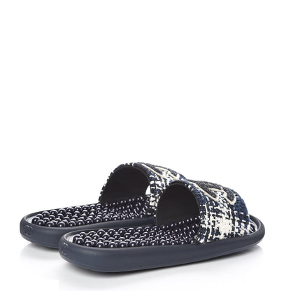 Chanel Tweed CC Flat Mules 35 Navy 4 of 8