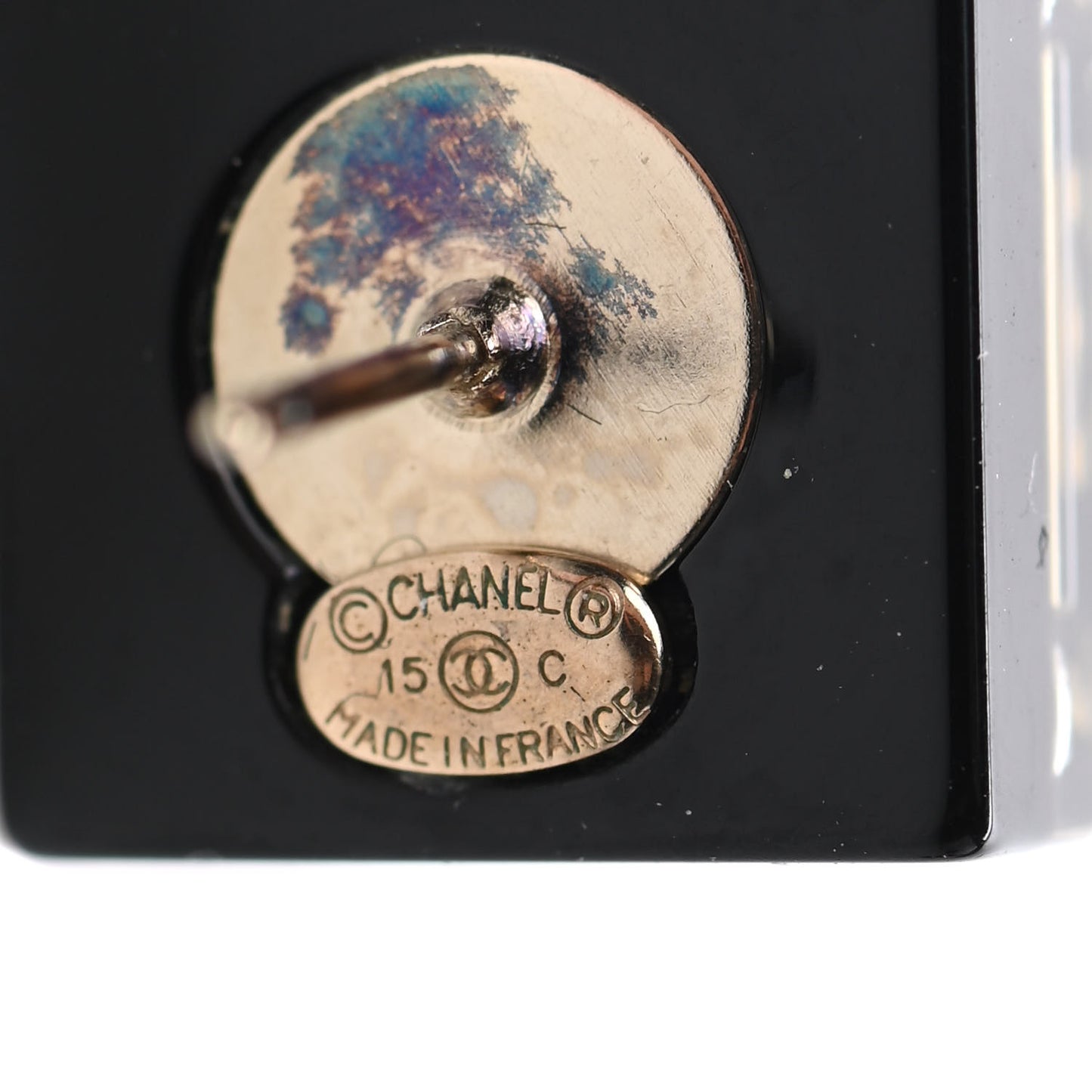 Resin Square CC Earrings Black Gold