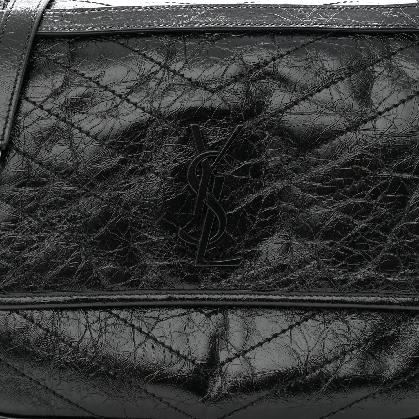 Crinkled Calfskin Matelasse Monogram Large Niki Chain Satchel Black