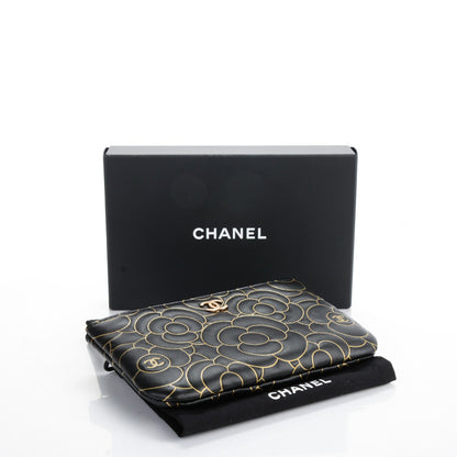Chanel Lambskin Camellia Embossed Cosmetic Pouch Black Gold 3 of 7