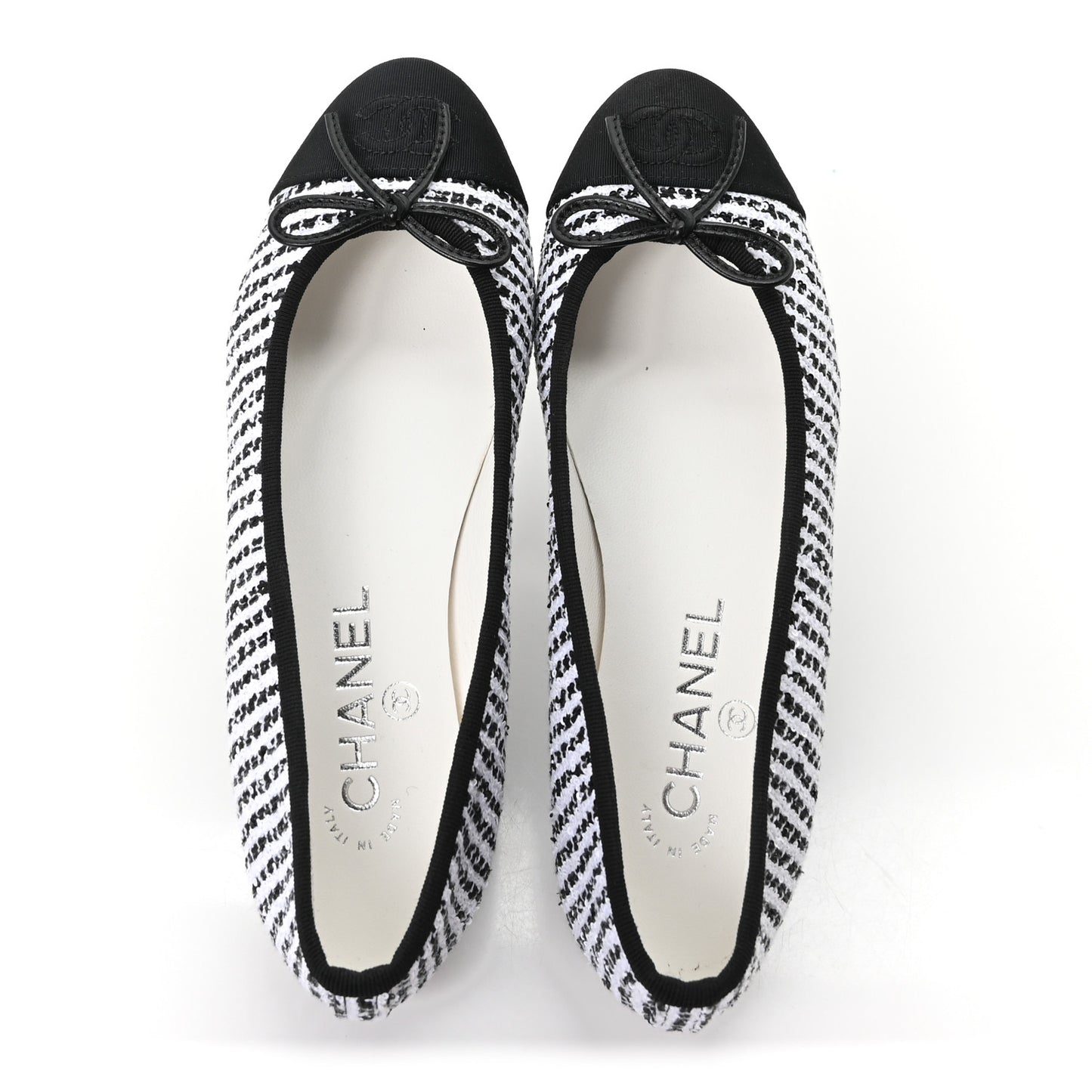 Tweed Sequin Grosgrain Cap Toe Ballerina Flats 36.5 Black White
