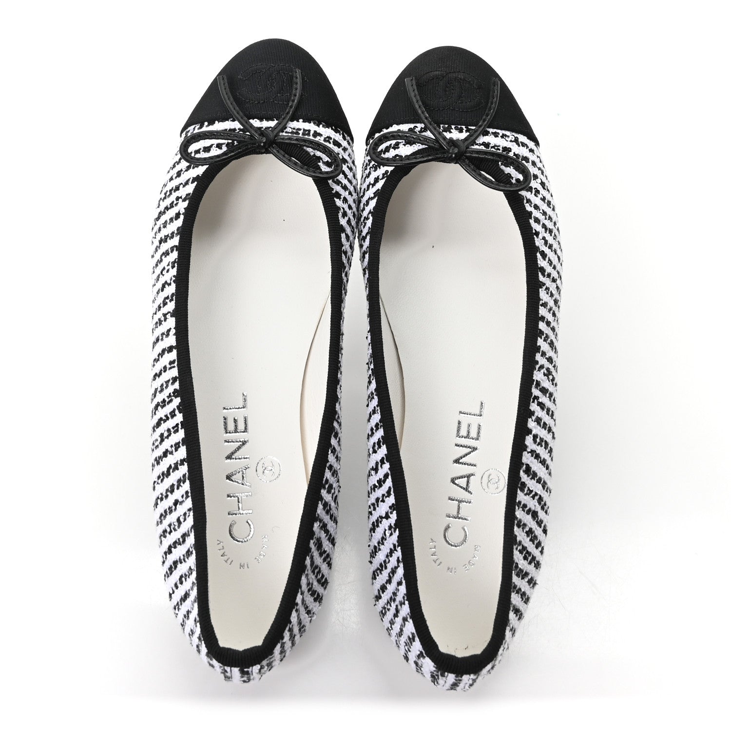 Chanel Tweed Sequin Grosgrain Cap Toe Ballerina Flats 36.5 Black White 2 of 10