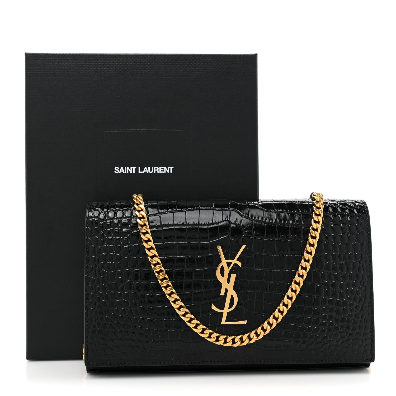 Saint Laurent Calfskin Crocodile Embossed Cassandre Wallet On Chain WOC Black 12 of 12